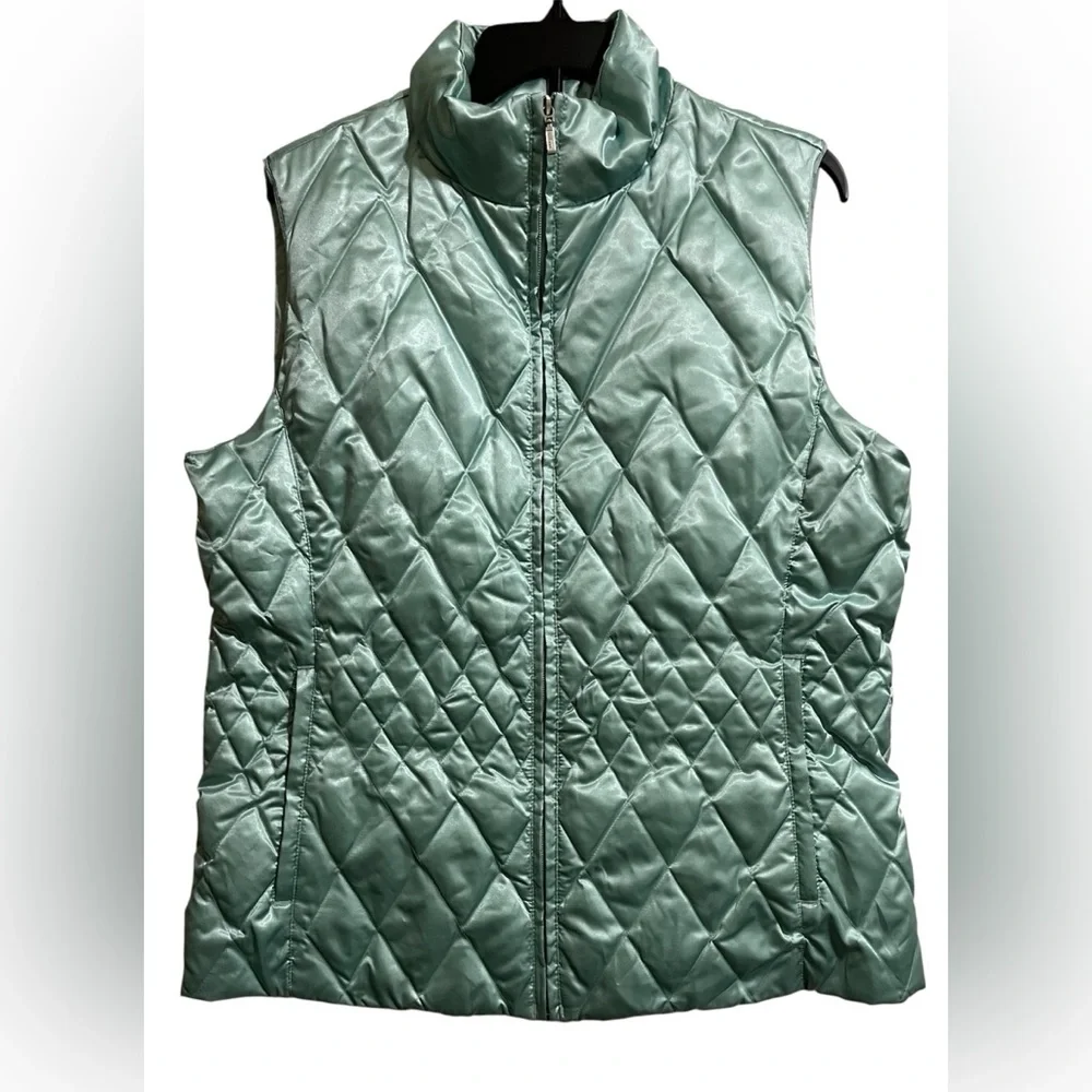 Lands End Women’s Goose Down Satin Aqua Blue Diamond Quilted Puffer Vest Size L